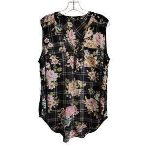 Torrid Harper 0 Women's Black Floral Plaid Georgette Pullover Tank Blouse
